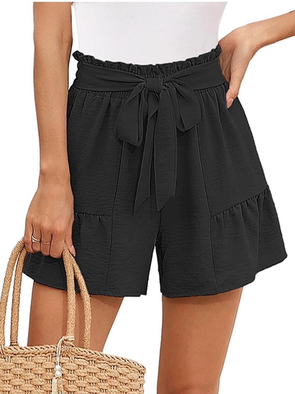 Black High-Waist Tie-Belt Ruffle Shorts - Women